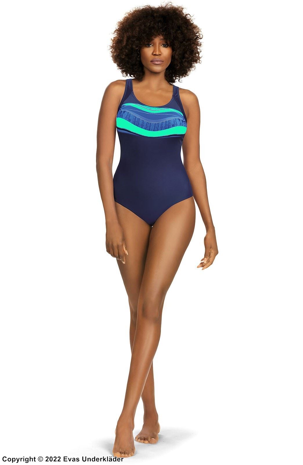One-piece swimsuit, wide shoulder straps, cheerful colors